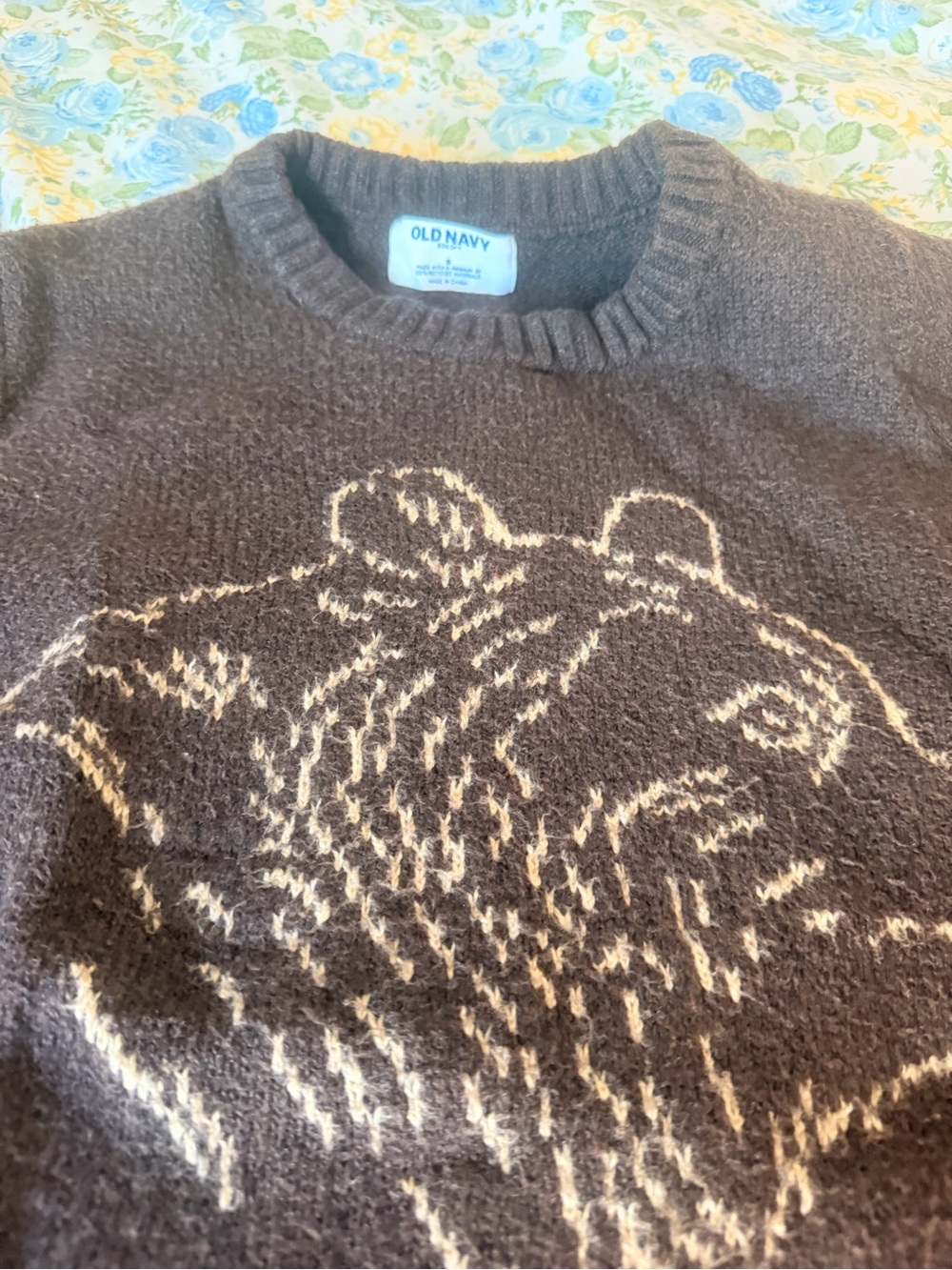 Old Navy Brown Crewneck Sweater with Cream Bear Motif